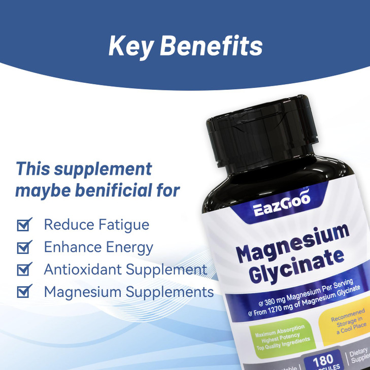 EAZGOO Magnesium Glycinate Capsules 1270mg, 380mg Magnesium Supplement, High Absorption Magnesium Glycinate Supplement, Non-GMO No Gluten, 180 Capsul