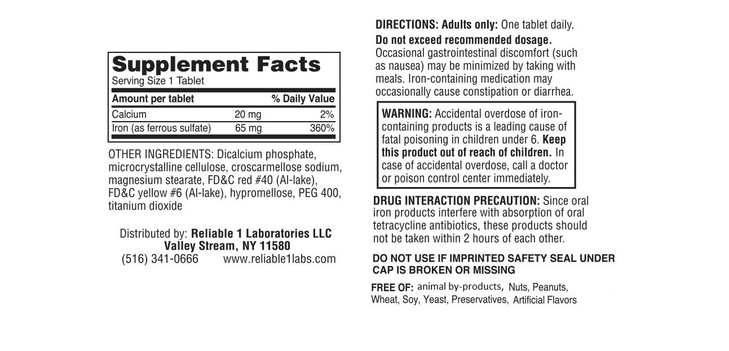 Iron Supplement Ferrous Sulfate 325mg by Reliable 1 | Iron Pills for Women and Men | Iron Supplements for Anemia and Iron Deficiency | 100 Iron Table