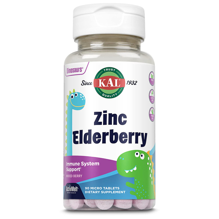 KAL Kids Zinc Elderberry Dinosaurs, Immune Support Supplement* for Children w/ Sambucus Elderberry, Fast Dissolving Mixed Berry ActivMelts, Fun, Tast