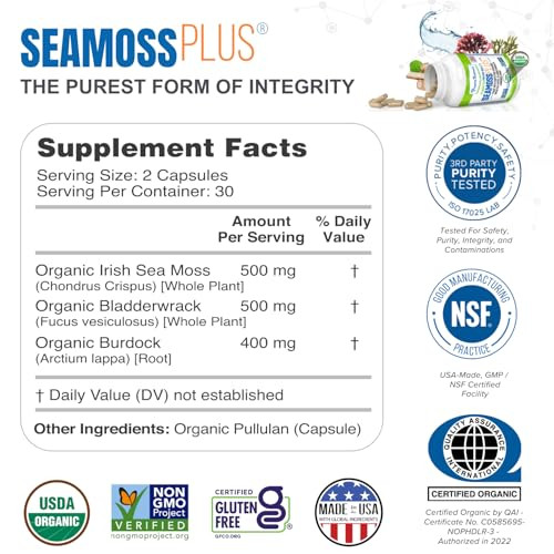 Power By Naturals Sea Moss Plus - USDA Certified Organic Wildcrafted Irish Seamoss, Bladderwrack & Burdock Root, Supplement for Immunity, 60Ct, 2 Pac