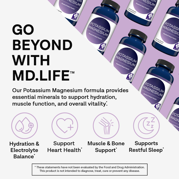 MD. Life Potassium Magnesium Supplement - 90 Capsules - Magnesium Potassium Supplement - High Absorption Complex - Support Vascular Health & Leg Cram