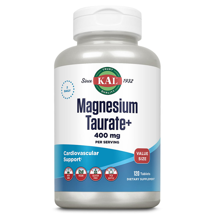 KAL Magnesium Taurate 400mg Plus Vitamin B6, Chelated Magnesium Supplement, High Absorption Magnesium Complex, Muscle and Heart Health Support, Vegan