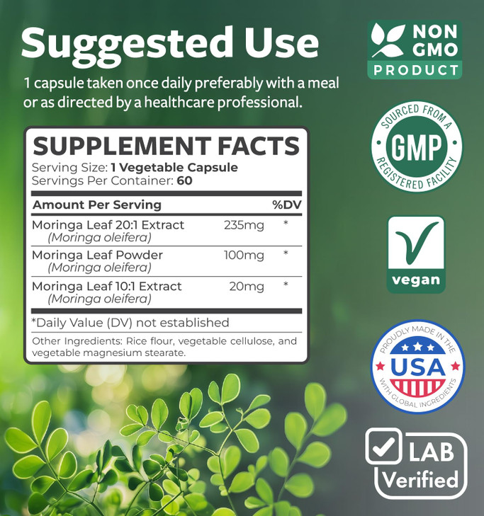 Moringa Capsules (2 Month Supply) High Strength 5,000mg Equivalent - Advanced Blend of Whole Herb Powder With 20:1 Seed and 10:1 Leaf Extract - Non-G