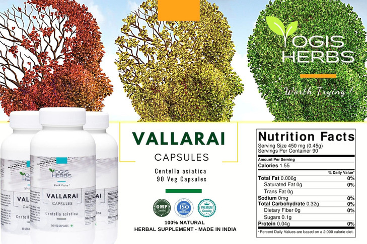 YOGIS HERBS Vallarai Capsules (Centella Asiatica/Gotu Kola) | Herbal Supplement for Congnitive Support | 90 Veg Capsules