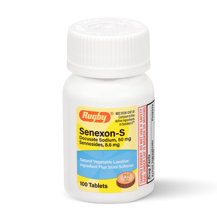 Rugby Senexon-S - Natural Vegetable Laxative Ingredient Plus Stool Softener, Constipation Relief - Docusate Sodium 50mg, Sennosides 8.6mg - 100 Table