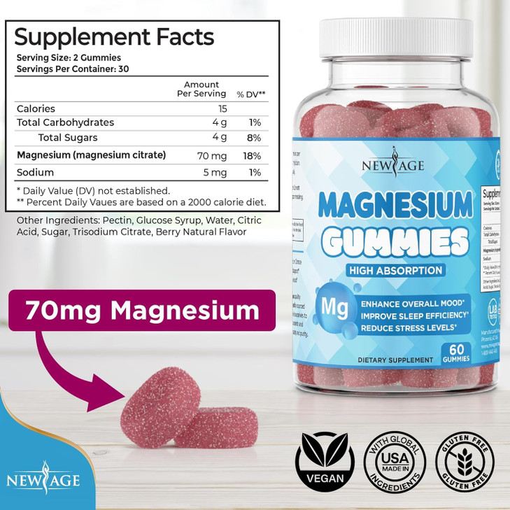 Magnesium Gummies - Calming Anti-Stress Gummies, Magnesium Supplement for Adults and Kids, Vegan, Gelatin-Free, Gluten-Free, Non-GMO, Delicious Natur