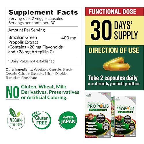 LABO Nutrition Brazilian Green Propolis Ultimate - Contains >7% or 28mg per Serving Artepillin C & >5% Flavonoids, for Immune & Brain Support, Natura