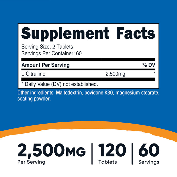 Nutricost L-Citrulline 2500mg Per Serving, 60 Servings, 1250mg Per Tablet, 120 Tabs - Non-GMO and Gluten Free Supplement