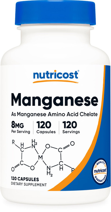 Nutricost Chelated Manganese Supplement 8mg, Amino Acid Chelate, 120 Capsules, 120 Servings - Gluten Free, Non-GMO and Vegetarian Friendly