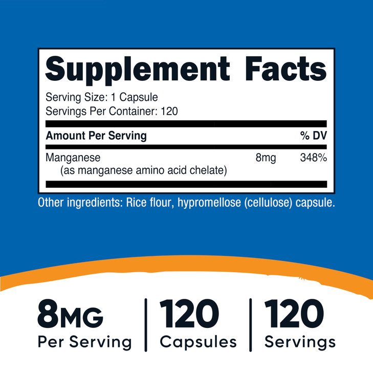 Nutricost Chelated Manganese Supplement 8mg, Amino Acid Chelate, 120 Capsules, 120 Servings - Gluten Free, Non-GMO and Vegetarian Friendly