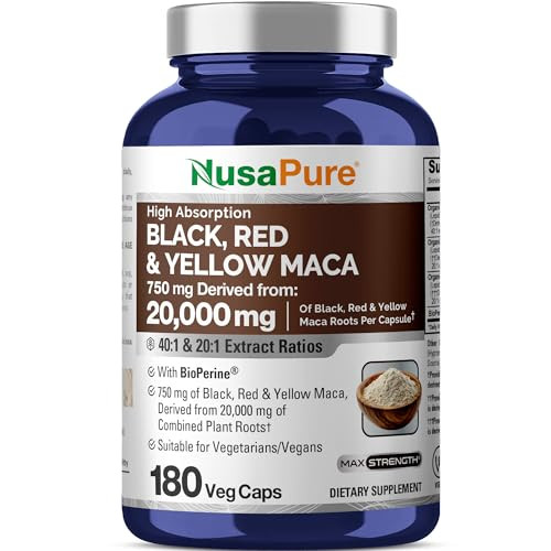 NusaPure Maca Root Black, Red, Yellow 20,000mg - 180 Vegan Capsules (Vegan,Non-GMO, Gluten Free) Bioperine
