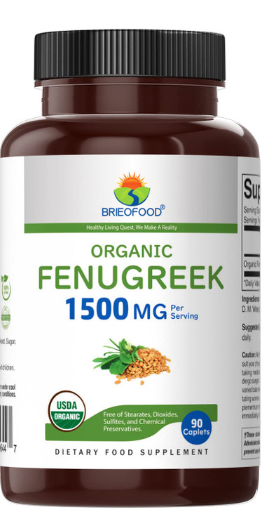 Brieofood Organic Fenugreek 1500mg, 45 Servings, Vegetarian, Gluten Free, 90 Vegetarian Tablets