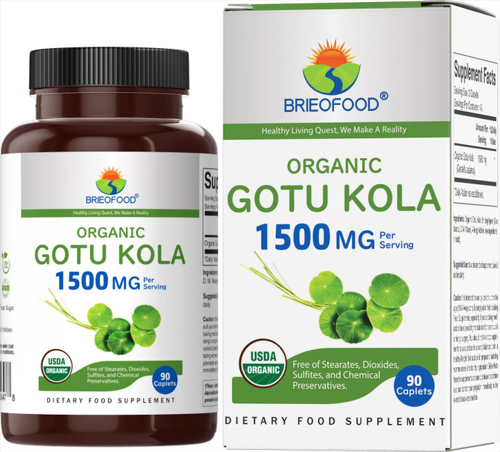 Brieofood Organic Gotu Kola 1500mg, 45 Servings, Vegetarian, Gluten Free, 90 Vegetarian Tablets