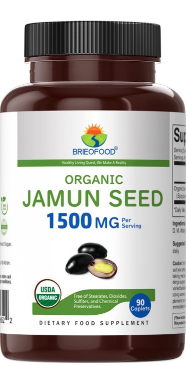 Brieofood Organic Jamun Seed 1500mg, 45 Servings, Vegetarian, Gluten Free, 90 Vegetarian Tablets