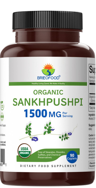 Brieofood Organic Sankhpushpi 1500mg, 45 Servings, Vegetarian, Gluten Free, 90 Vegetarian Tablets