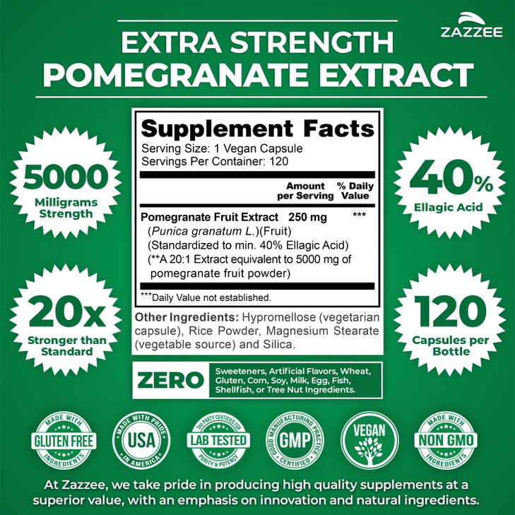 Zazzee Extra Strength Pomegranate 20:1 Extract, 5000 mg Strength, 40% Ellagic Acid, 120 Vegan Capsules, 4 Month Supply, Standardized, Concentrated 20
