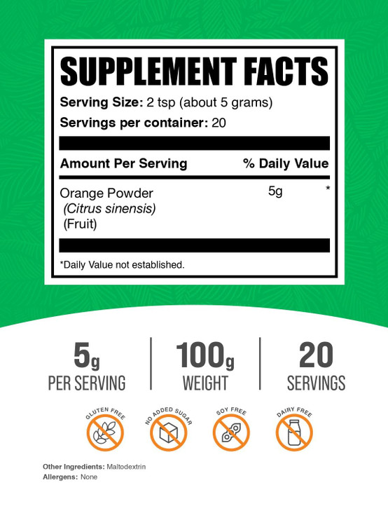 BulkSupplements.com Orange Powder - Orange Fruit Powder, Nutrient-Rich Flavoring - Gluten Free, 5g per Serving, 100g (3.5 oz) (Pack of 1)