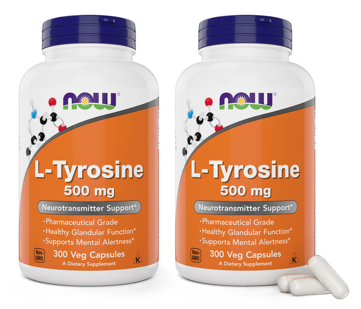 NOW Foods L-Tyrosine 500mg, 300 Capsules (Pack of 2) - Non GMO Supplement - 500 mg Caps - Free Form Ltyrosine