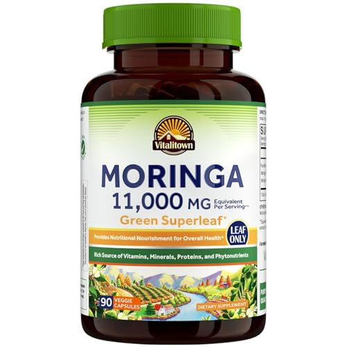 Vitalitown Moringa Capsules 11,000 MG, Pure Moringa Oleifera Leaves, No Sticks, No Caffeine, Energy, Immune, 90 Capsules