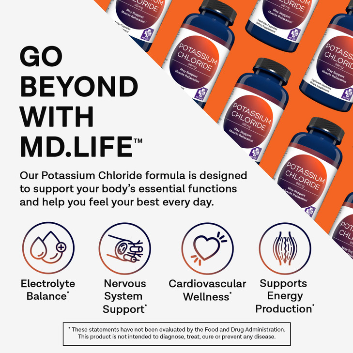 MD Life Potassium Chloride Supplement - Third Party Lab Tested - 99mg 90 Count - Potassium Chloride Capsules May Help Support Muscle Function & Healt