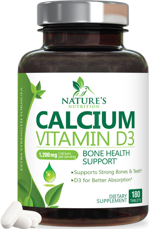 Calcium Supplement 1200 mg - with Vitamin D3 for Best Absorption - Supports Immune Health, Bones & Teeth - Nature's Calcium Carbonate + 1600 IU of D3