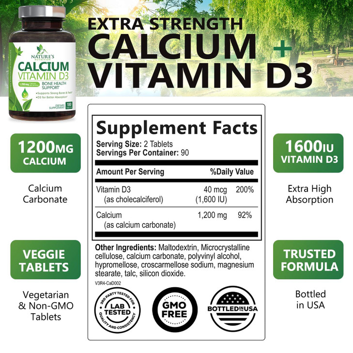 Calcium Supplement 1200 mg - with Vitamin D3 for Best Absorption - Supports Immune Health, Bones & Teeth - Nature's Calcium Carbonate + 1600 IU of D3