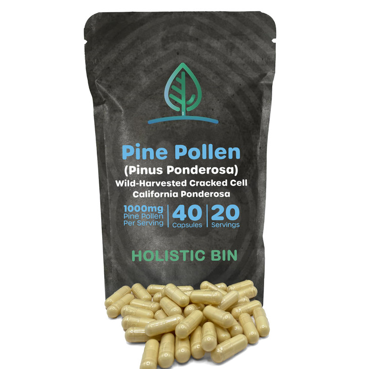 Holistic Bin Pine Pollen Capsules 500mg (Pinus Ponderosa) - Wild Harvested California Ponderosa Pine Pollen Powder - Olympic Grade - Organic, Non-GMO