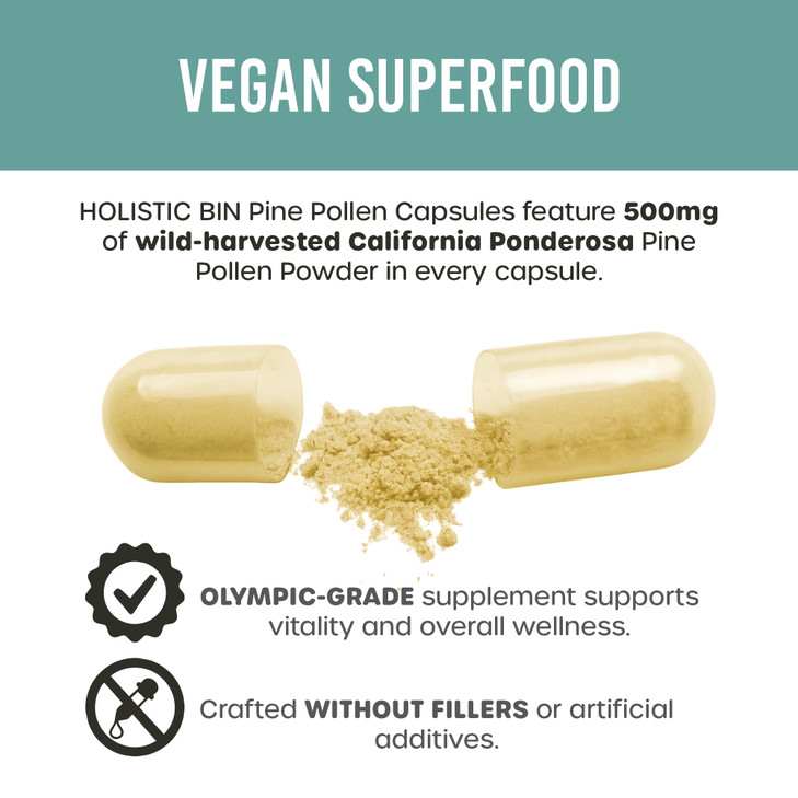 Holistic Bin Pine Pollen Capsules 500mg (Pinus Ponderosa) - Wild Harvested California Ponderosa Pine Pollen Powder - Olympic Grade - Organic, Non-GMO