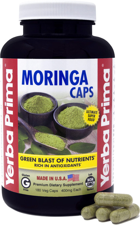 Yerba Prima Moringa, 180 Count Veg Caps - 400mg of Pure, Dried Leaf Powder, Green Blast of Nutrients, Rich in Antioxidants, 100% Pure, Super Food, No