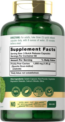 Carlyle Prickly Pear 1950 mg | 180 Capsules | Nopal Cactus Supplement | Non-GMO, Gluten Free