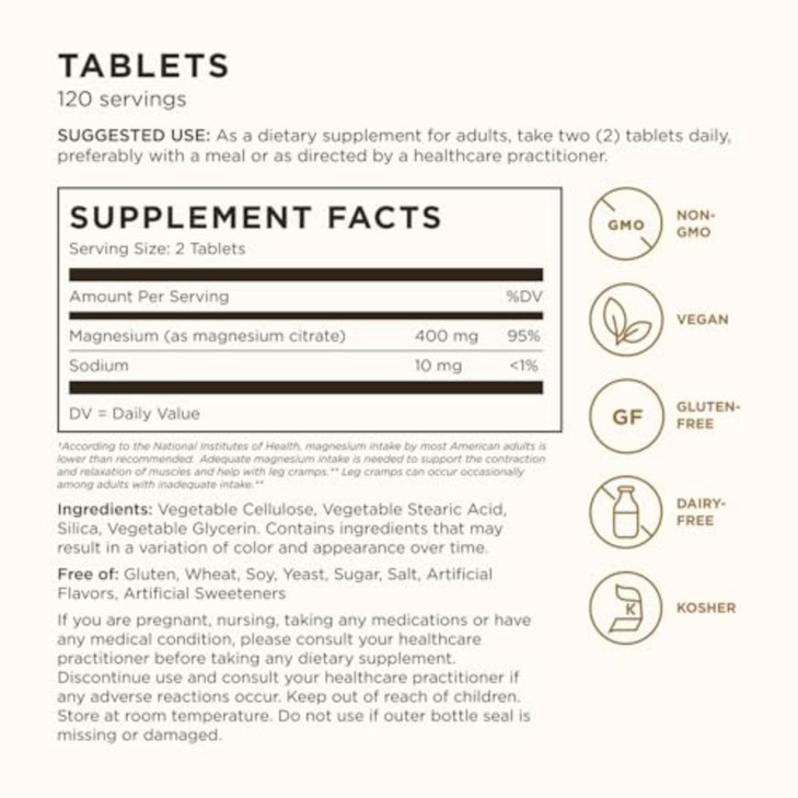 Solgar Magnesium Citrate, 120 Tablets - Promotes Healthy Bones - Supports Nerve & Muscle Function - Non GMO, Vegan, Gluten Free, Dairy Free, Kosher -