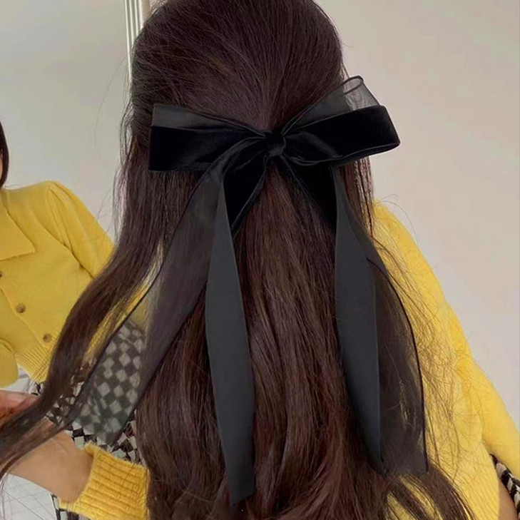 Velvet Hair Bow for Women Girls Hair Ribbon Clip for Women French Barrettes Bow for Girl Bows with Clamps Hair Velvet Black Long Ribbon Bow Accessori