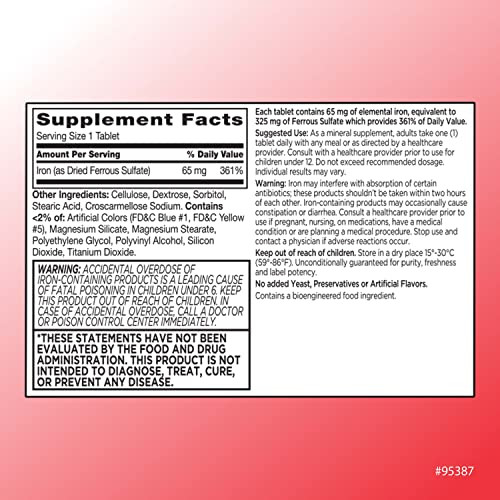 Quality Choice Iron 65 mg (325 mg Ferrous Sulfate) High Potency Iron Support Supplement Tablets in 100 Count Bottles