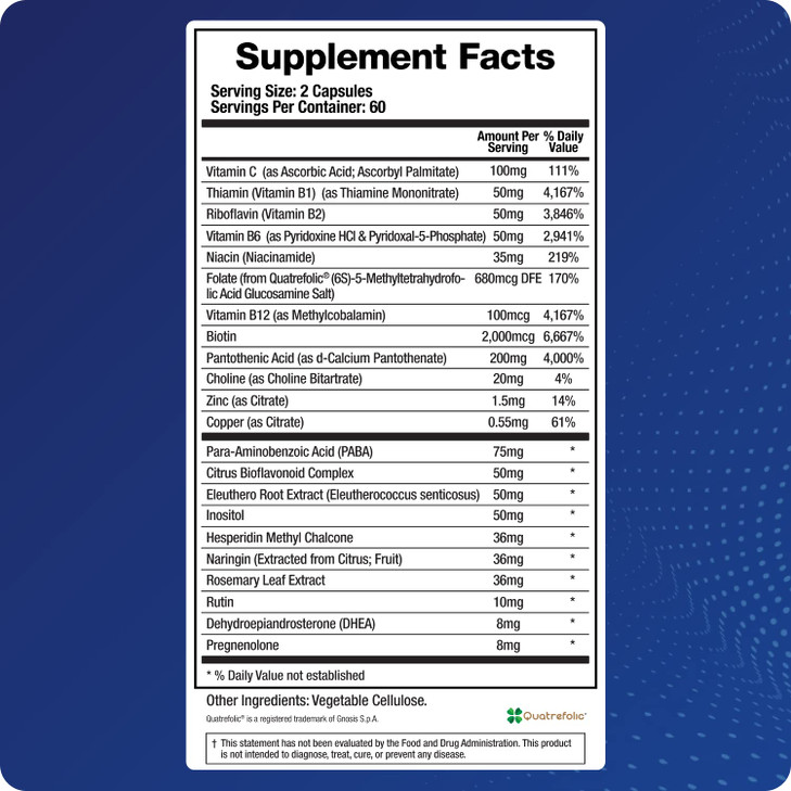 Adrenal Fatigue Supplement, Cortisol Manager, 5-MTHF, B Vitamins, Vitamin C, Adaptogens, Bioflavonoids, DHEA, Inositol, 30-60 Day Supply | 120 Veggie