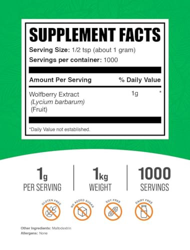 BulkSupplements.com Wolfberry Extract Powder -Goji Berries Supplement, Fruit Powder - Vegan & Gluten Free, 1g per Serving, 1kg (2.2 lbs) (Pack of 1)