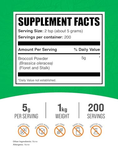 BulkSupplements.com Broccoli Powder - Broccoli Floret & Stalk Powder, Sulforaphane Supplement - Vegan & Gluten Free, 5g per Serving, 1kg (2.2 lbs) (P