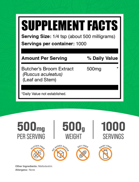 BulkSupplements.com Butcher's Broom Extract Powder - Butchers Broom, Herbal Supplement - Vegan & Gluten Free, 500mg per Serving, 500g (1.1 lbs) (Pack