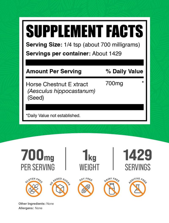 BulkSupplements.com Horse Chestnut Extract Powder - Horse Chestnut Supplement, Herbal Supplement - Gluten Free, 700mg per Serving, 1kg (2.2 lbs) (Pac