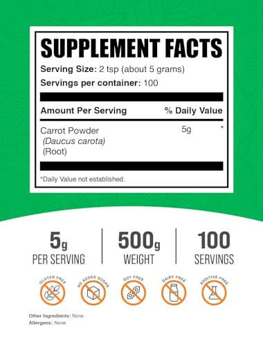 BulkSupplements.com Carrot Powder - Superfood Powder Supplement, Carrot Supplement - for Smoothies & Baking, Vegan & Gluten Free, 5g per Serving, 500
