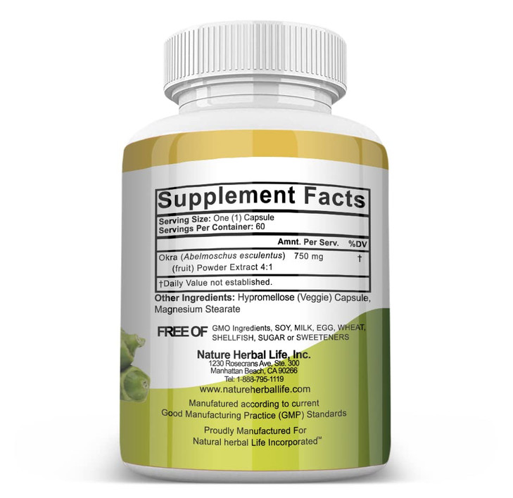 Natural Okra Capsules 750 mg. One Bottle. 60 Vegetarian Capsules. Okra (Abelmoschus esculentus)
