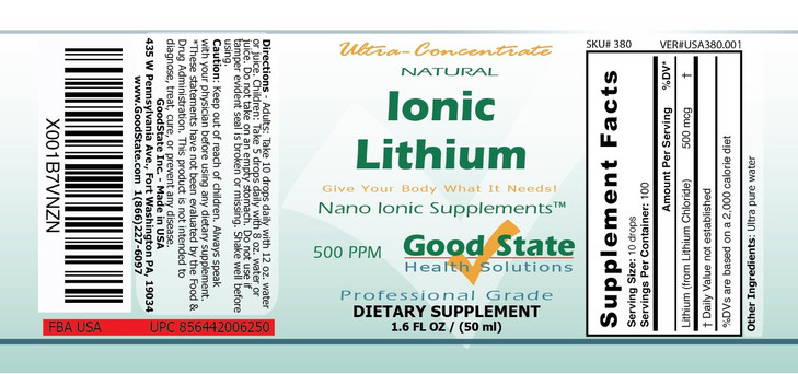 (Glass Bottle) Good State Liquid Ionic Lithium Ultra Concentrate (10 Drops Equals 500 mcg - 100 Servings per Bottle)