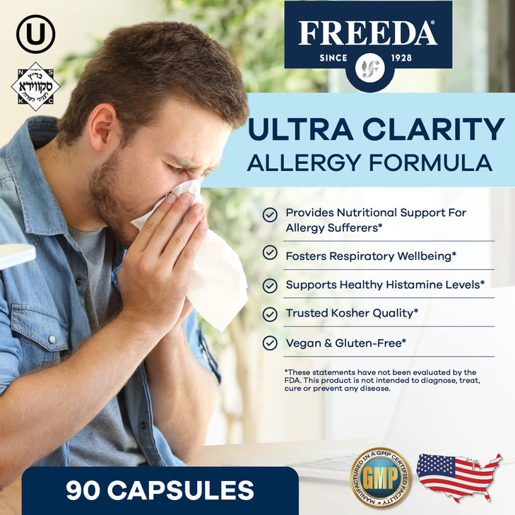 FREEDA Natural Allergy Formula with Quercetin, Bromelain & Nettle Leaf - Kosher Certified and Vegan - Supports Healthy Sinus & Respiratory Function -