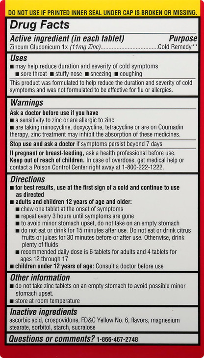 Leader Zinc Cold Therapy Chewable Tablets, Non-Drowsy Homeopathic Zinc Supplement, Reduces Duration and Severity of Cold Symptoms, Fast Acting Cold R