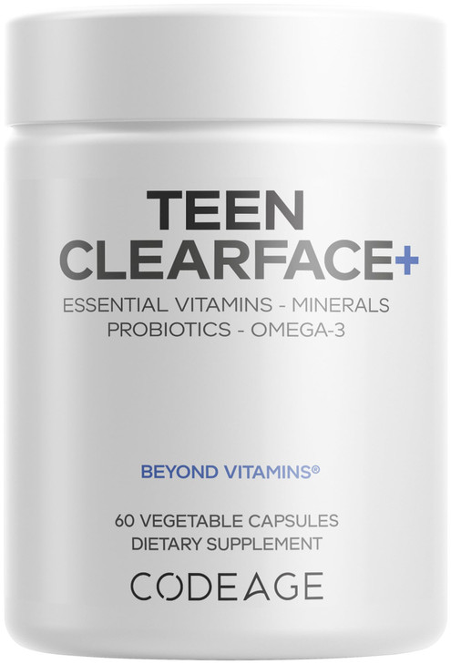 Codeage Teen Clearface Adolescent Face, Skin & Pimples, Vitamins A, C, D3, E, Pantothenic Acid, Niacin, Zinc Supplement Teenagers, Probiotics, L-Lysi