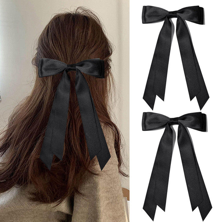 2PCS Silky Satin Bows Clip Black Ribbon Ponytail Holder Accessories Slides Metal Clips Hair Bow for Women