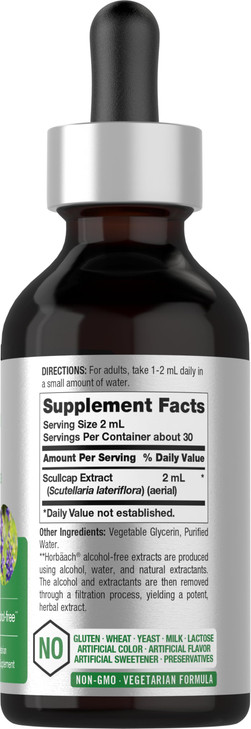 Horbaach Scullcap Herb Tincture | 2 fl oz | Liquid Extract Drops | Scutellaria Lateriflora | Alcohol Free, Vegetarian | Super Concentrated Supplement