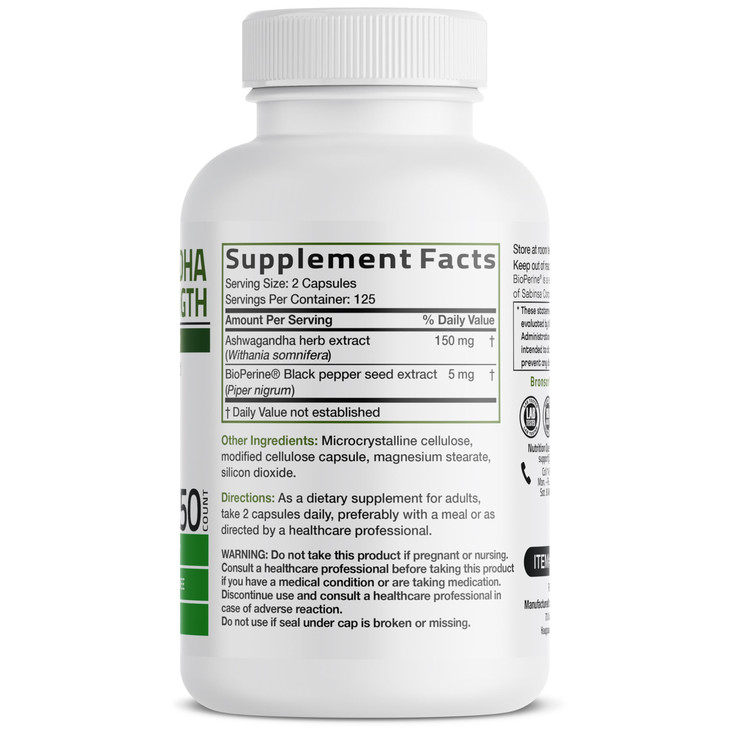 Bronson Ashwagandha Extra Strength Stress & Mood Support with BioPerine - Non GMO Formula, 250 Vegetarian Capsules