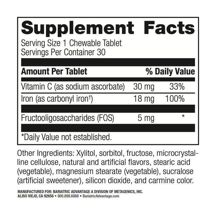 Bariatric Advantage Iron 18 mg with Vitamin C Chewable - Ferronyl Carbonyl Iron - Gentle on Stomach - Strawberry - 30 Count