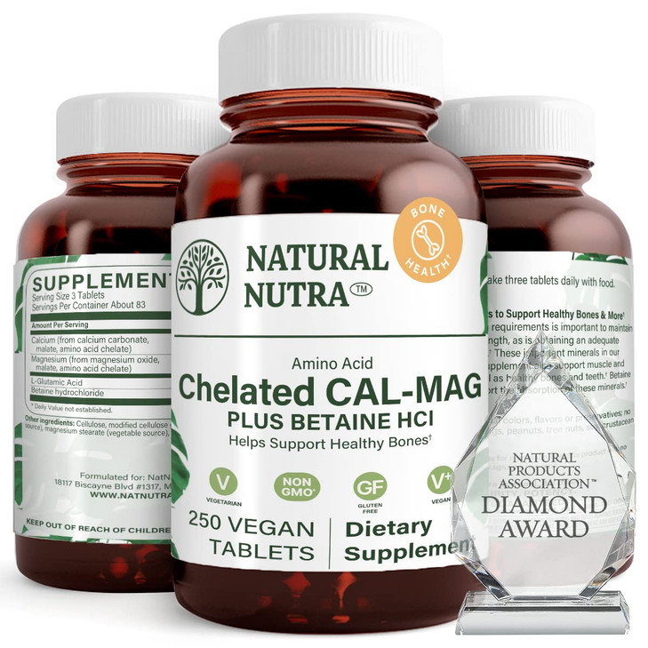 Natural Nutra Chelated Calcium Magnesium 1000/500 mg Supplements Plus Betaine HCL - Chelated Cal Mag Improves Bone Density, Supports Muscle, Teeth, C