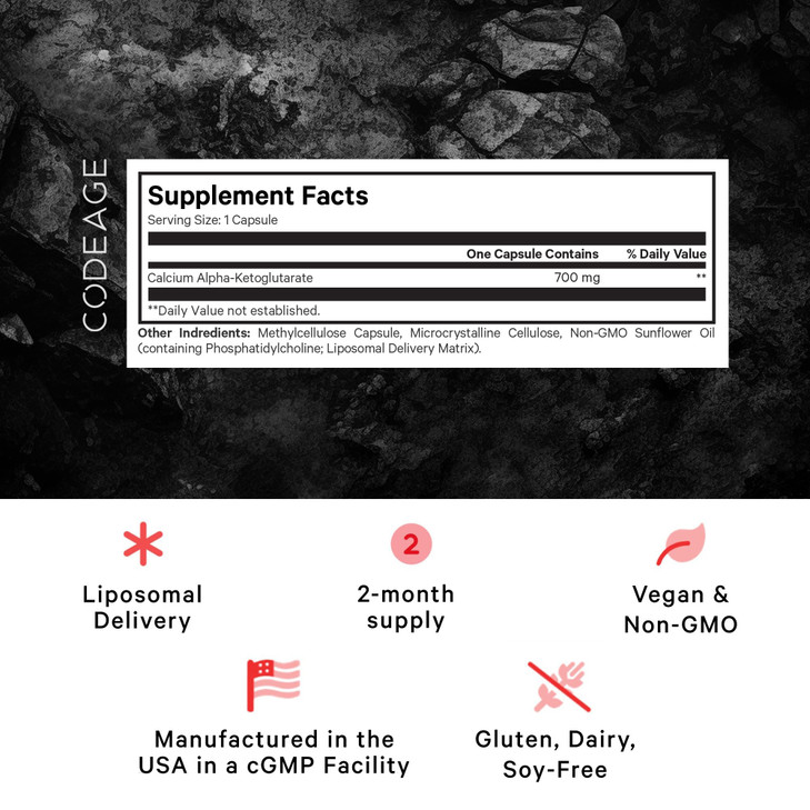 Codeage Liposomal Calcium AKG Supplement - Calcium Alpha-Ketoglutarate - 2-Month Supply - Liposomal Delivery - 1 Capsule Per Serving - Non-GMO, Glute